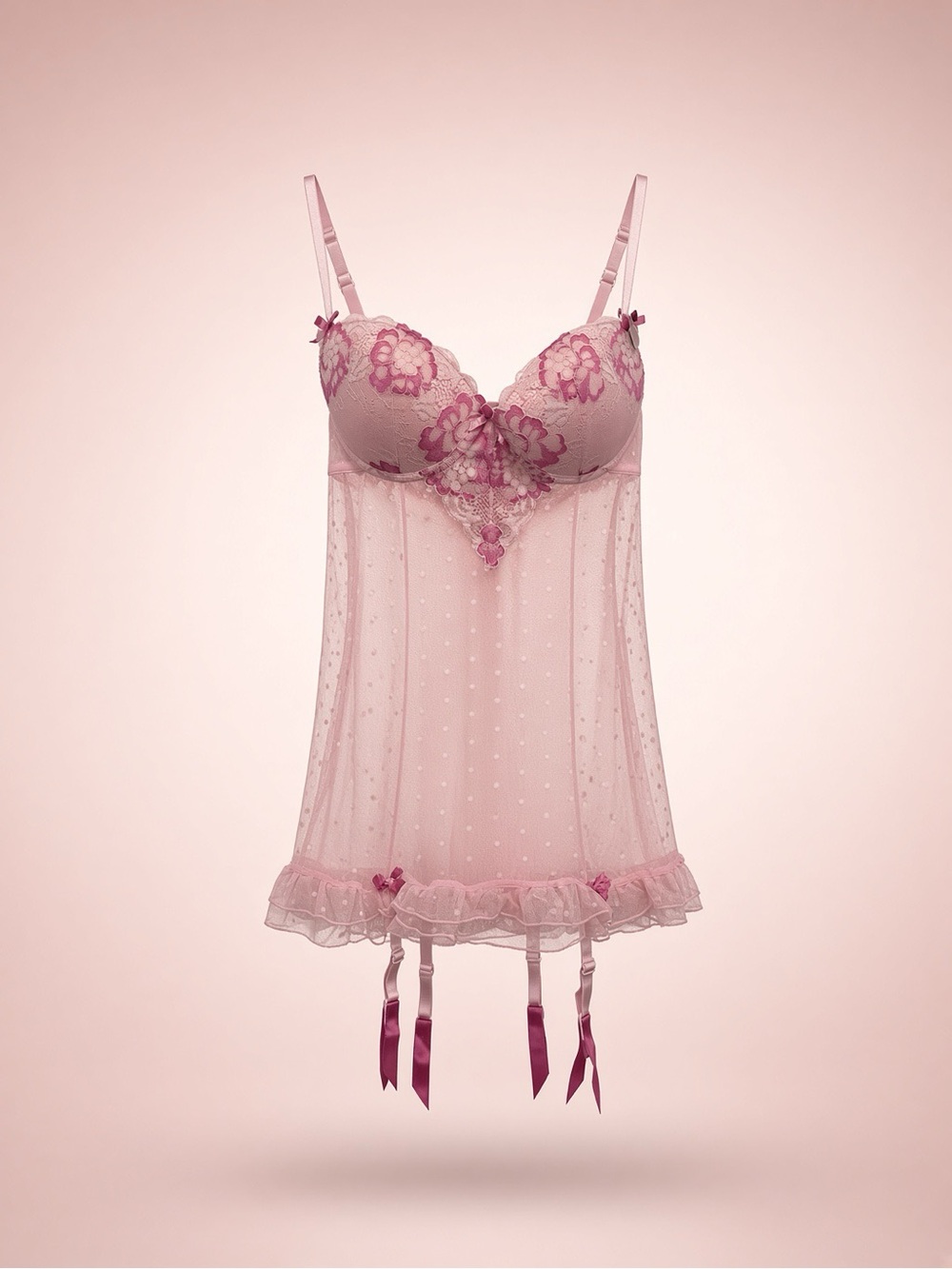 Velvet Kitten Pink Floral Lace Polka Dot Babydoll Chemise Garter Small NWT!!